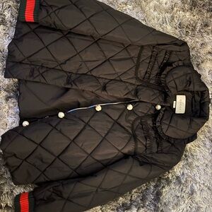 Gucci Kids Black Quilted Puffer Jacket with Red and Green Trim